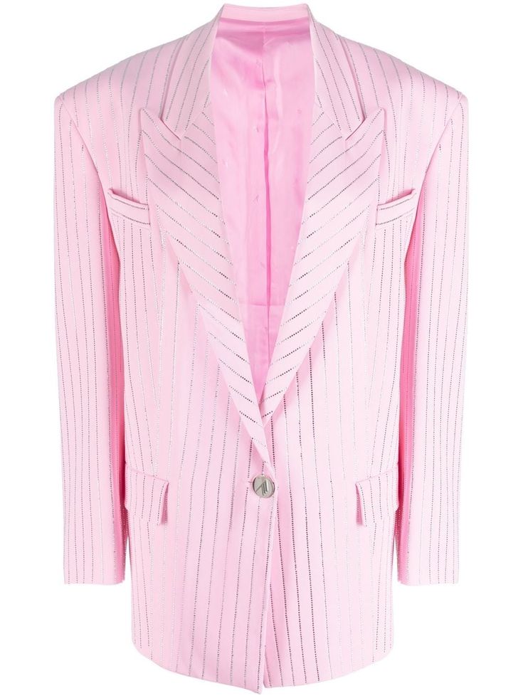 pink pinstripe print peak lapels shoulder pads long sleeves front button fastening chest welt pocket two front flap pockets Black Pinstripe Suit, Pink Pinstripe, Blazer Pink, The Attico, Pink Pin, Pinstripe Suit, Breasted Blazer, Colored Blazer, Outerwear Women