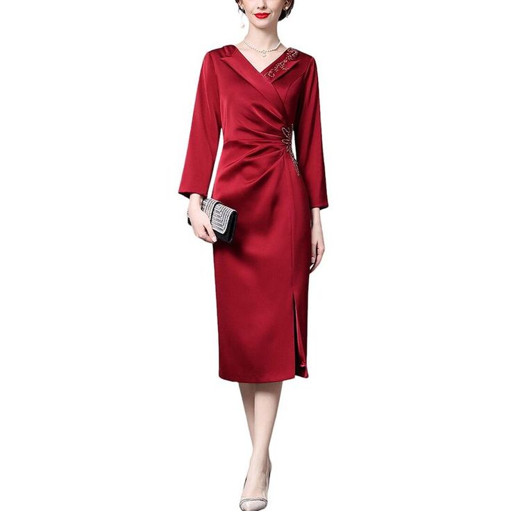 Color/Pattern: Wine Red Approximately 44.5in From Shoulder To Hem 100% Polyester Hand Wash Imported Elegant Half Sleeve Dinner Dress, Red Midi Dress With 3/4 Sleeves, Chic Red Half Sleeve Dress, Elegant Red Long Sleeve Midi Dress, Elegant Red Half Sleeve Midi Dress, Chic Red Dress With 3/4 Sleeves, Elegant Long Sleeve Midi Dress In Red For Spring, Elegant Half Sleeve Midi Dress For Fall, Elegant Fall Half Sleeve Midi Dress