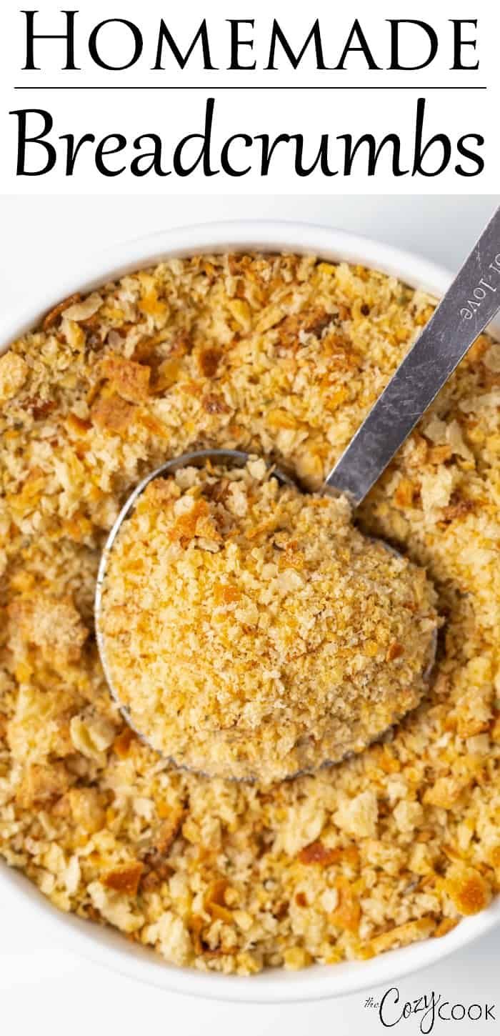 homemade breadcrumbs in a white bowl with a spoon