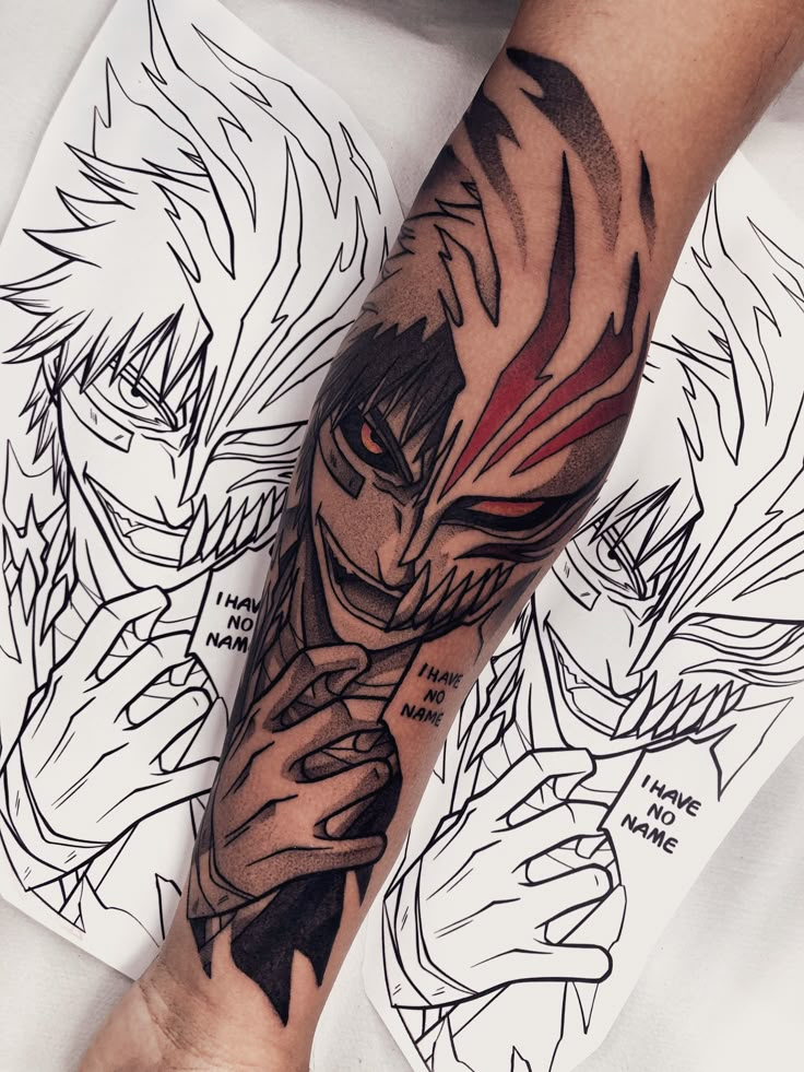 a man's arm with an anime character tattoo on the left side of his arm