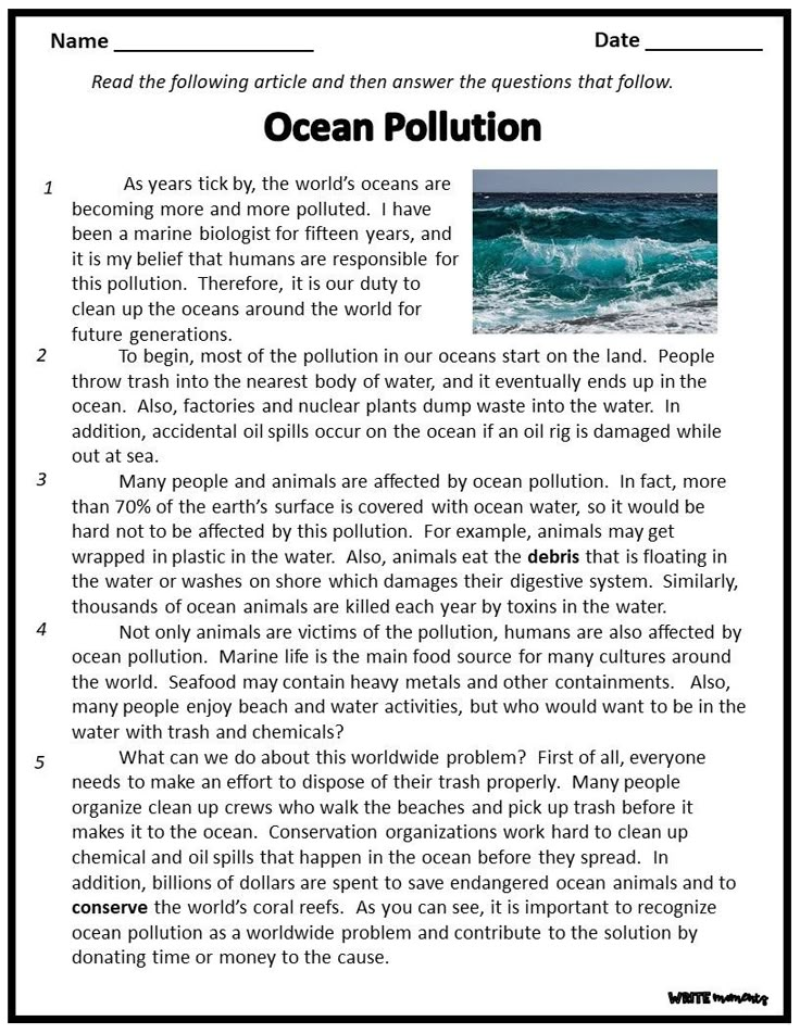 the ocean pollution worksheet is shown in black and white, with an image of waves