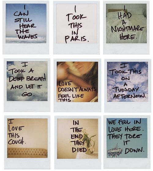 nine polaroid pictures with words written on them