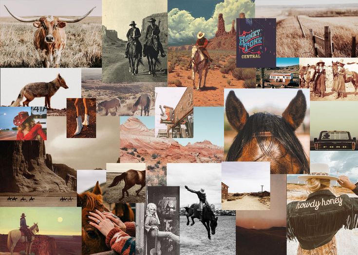 a collage of pictures with people and animals in them, including horses, cattle, cowboys, mountains, and desert scenes