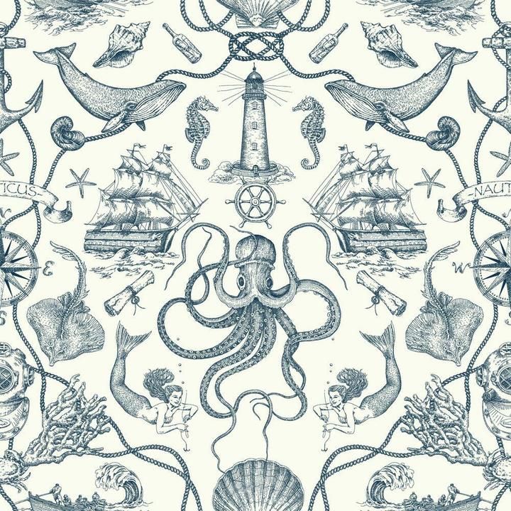 an octopus and other marine creatures are depicted in this blue and white wallpaper pattern