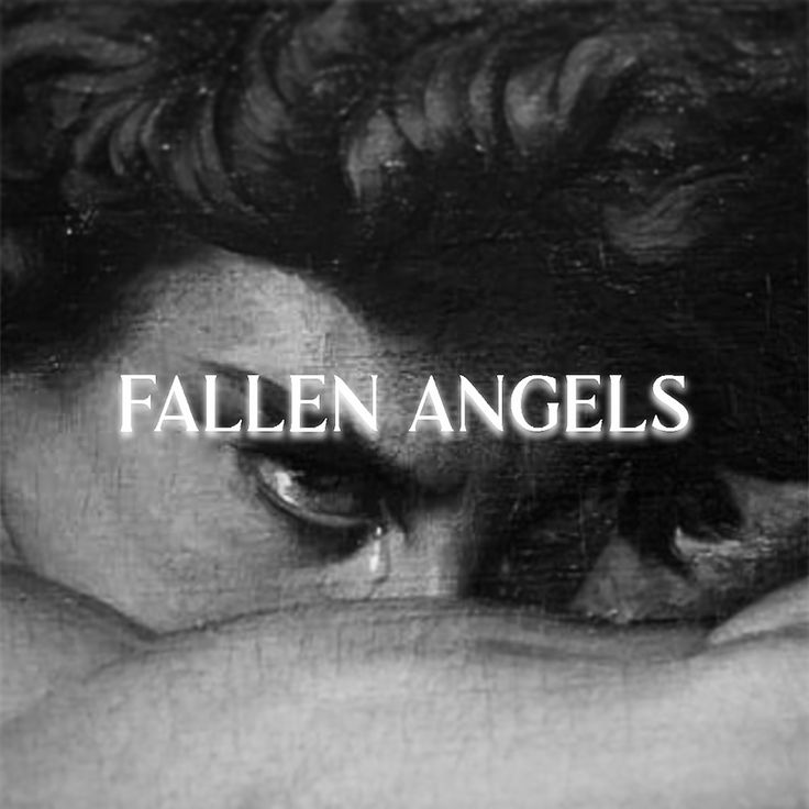 a black and white photo with the words fallen angels over it's face, in front of an image of a woman