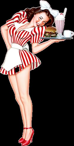 a pin up girl holding a tray with food on it