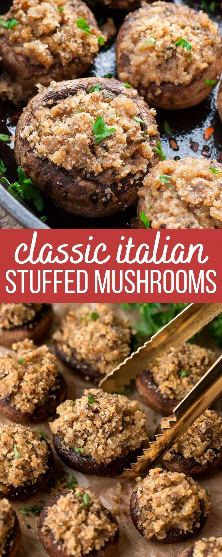 stuffed mushrooms with parmesan cheese on top and the words classic italian stuffed mushrooms above them