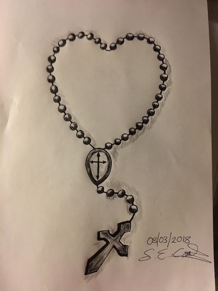 a drawing of a rosary with a cross on it and a heart hanging from the end