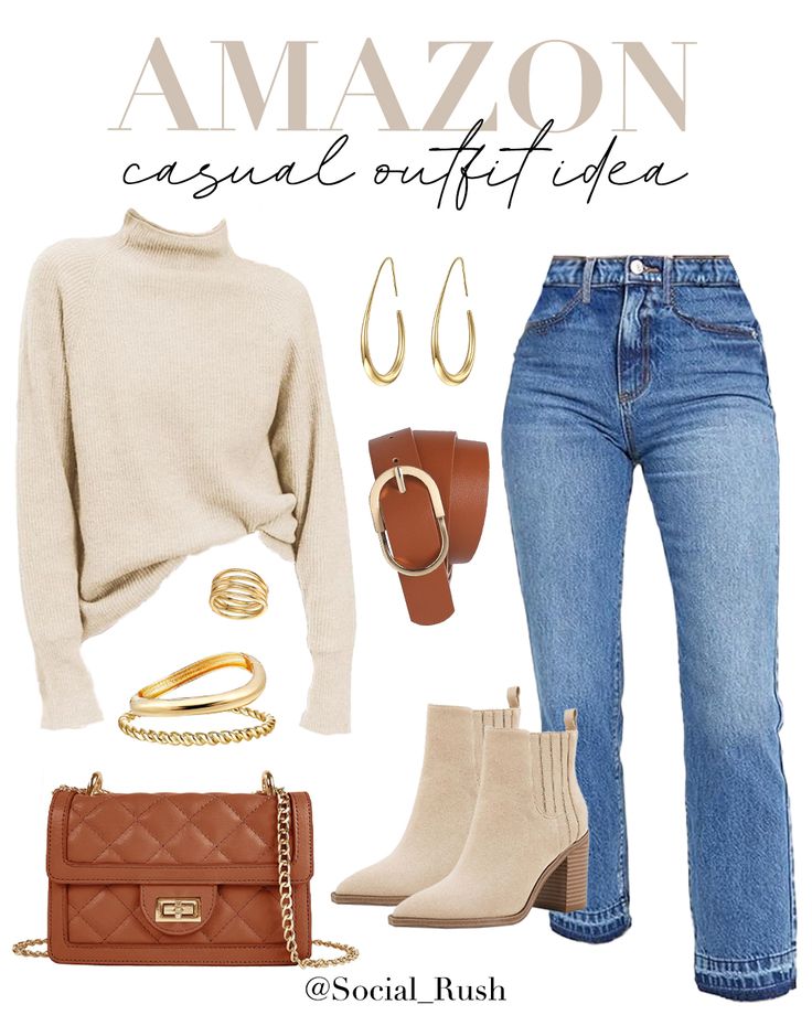 Amazon Casual Outfit Idea, Beige Sweater, Straight Leg Ankle Jeans, Chunky Heel Ankle Boots, Quilted Crossbody Bag, Leather Belt, Gold Dangle Earrings, Gold Bangle Bracelet, Gold Ring | Amazon Fashion, Amazon Style, Outfit Inspo, Casual Style, Fall Fashion, Fall Style | #AmazonFashion #OutfitIdea #Outfitinspo Tan Bag Outfit Winter, Beige Ankle Boots Outfit Winter, Outfits With Beige Boots, Beige Sweater Outfit Winter, Chunky Heel Boots Outfit, Tan Heels Outfit, Beige Boots Outfit Ankle, Beige Booties Outfit, Beige Ankle Boots Outfit