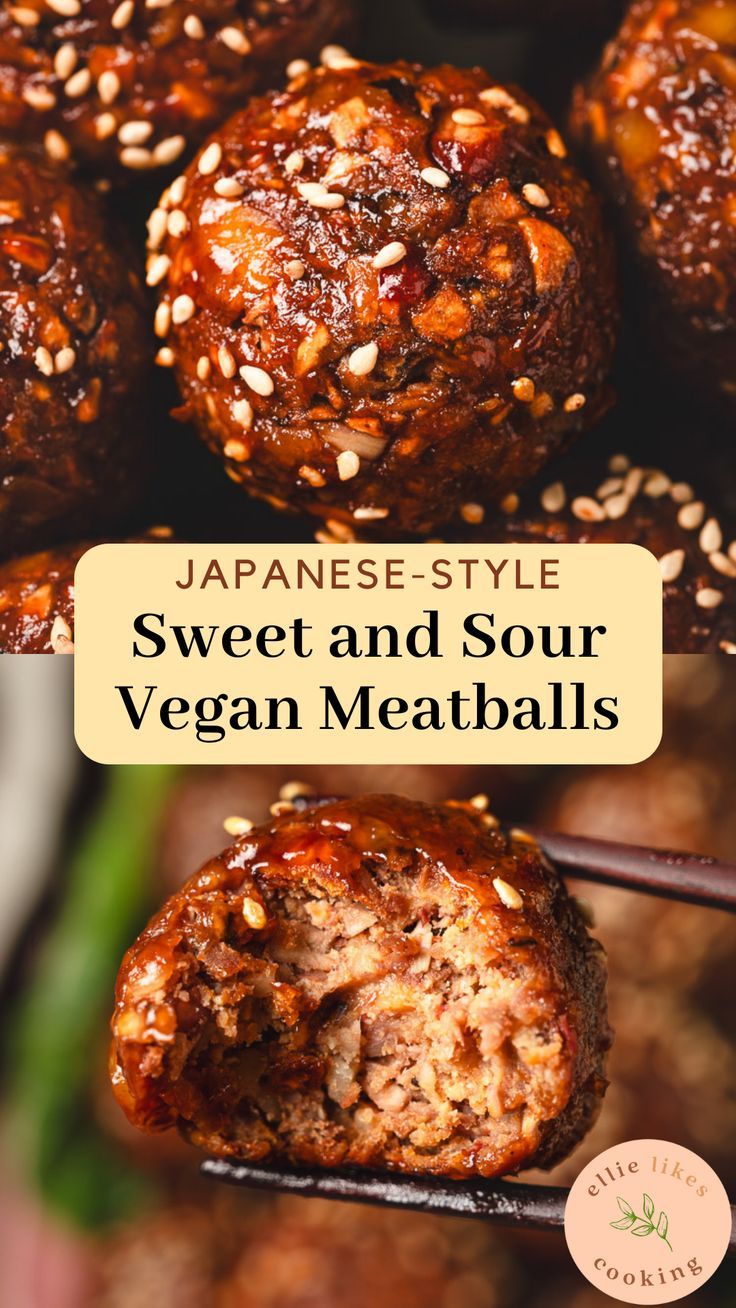 japanese - style sweet and sour vegan meatballs with sesame seeds on the side