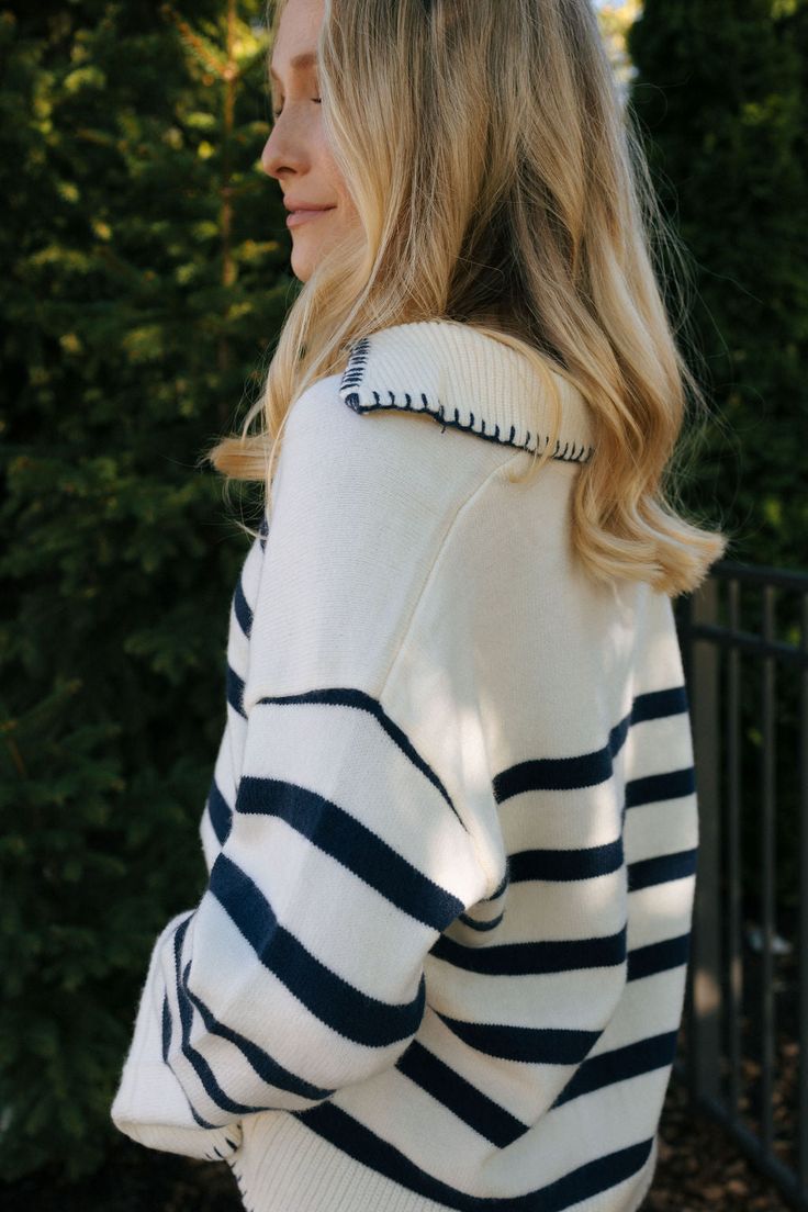 This sweater runs true to size with an oversized fit, model wearing size small. Stripe Sweater, Running, Navy, How To Wear