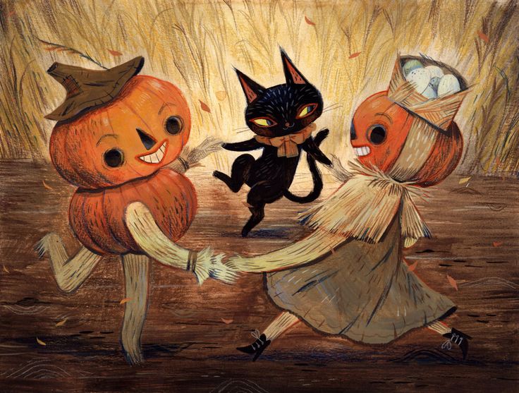 a painting of three pumpkins dressed as witches and one cat with an egg in its mouth