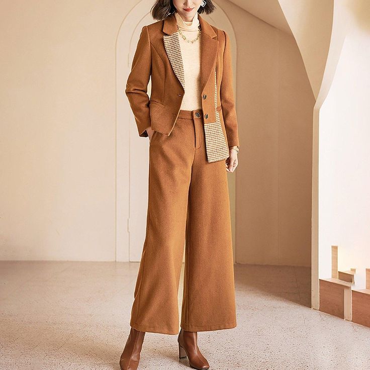 High Low Single Breasted Blazer & Wide Leg Pants Set Vivian Seven Professional Fall Pantsuit With Suit Collar, Professional Pantsuit With Suit Collar For Fall, Brown Long Sleeve Office Suits, Office Lady Suit For Fall, Tailored Long Sleeve Winter Pantsuit, Brown Long Sleeve Double Breasted Suit For Business Casual, Formal Long Sleeve Winter Pantsuit, Formal Long Sleeve Pantsuit For Winter, Professional Pantsuit For Office Use In Fall