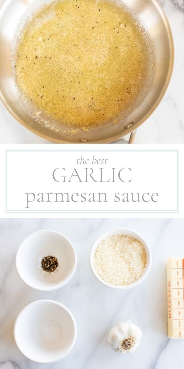 the best garlic parmesan sauce in a pan on a marble counter top with measuring spoons