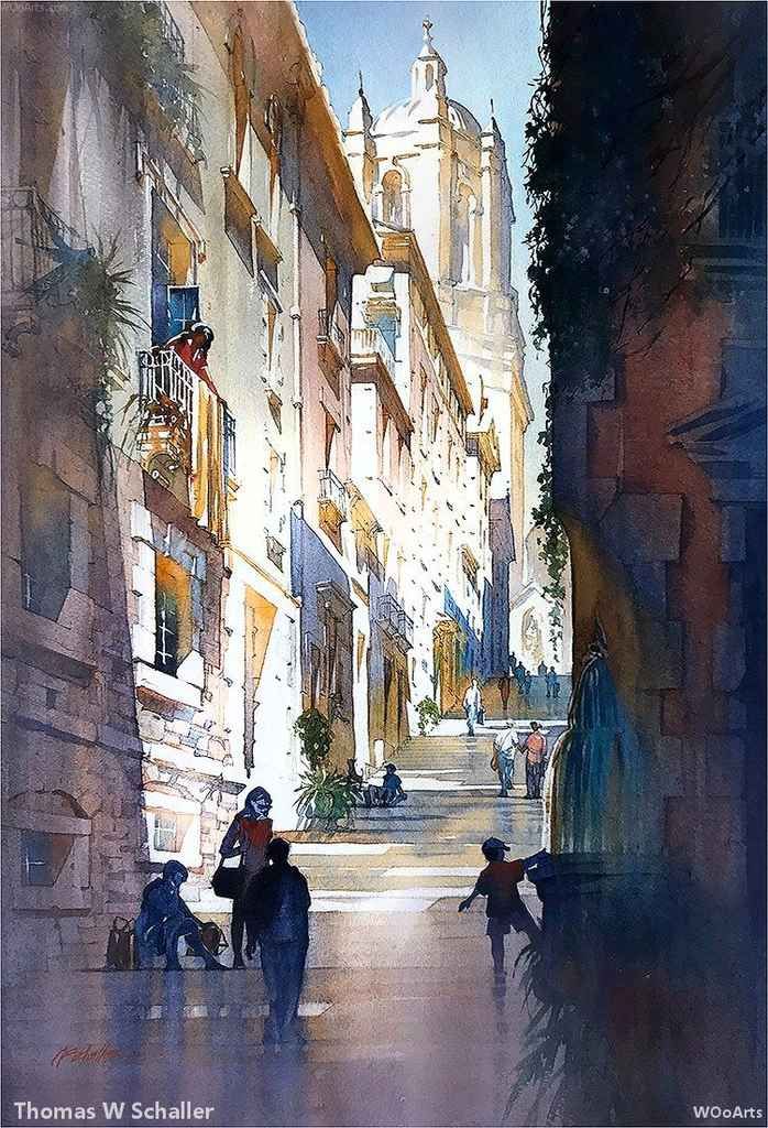 a painting of people walking down a street in an old city with tall buildings on either side