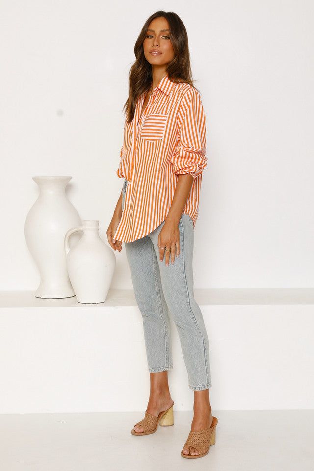 Detail: Button-down shirt Striped print Longline shirt Regular fit Size Available: Top Size Shoulder Bust Length Sleeve Length inch cm inch cm inch cm inch cm S 24¼ 63 35½ 90 28 71 22½ 57 M 25 64 37¼ 94 29¾ 75 23 58 L 25½ 65 38¾ 98 31¼ 79 23¼ 59 XL 26 66 40¼ 102 32¾ 83 23¾ 60 Stripe Print, Long A Line, Button Downs, Bell Sleeve Top, Length Sleeve, Button Down Shirt, Sleeve Length, Orange, Women's Top