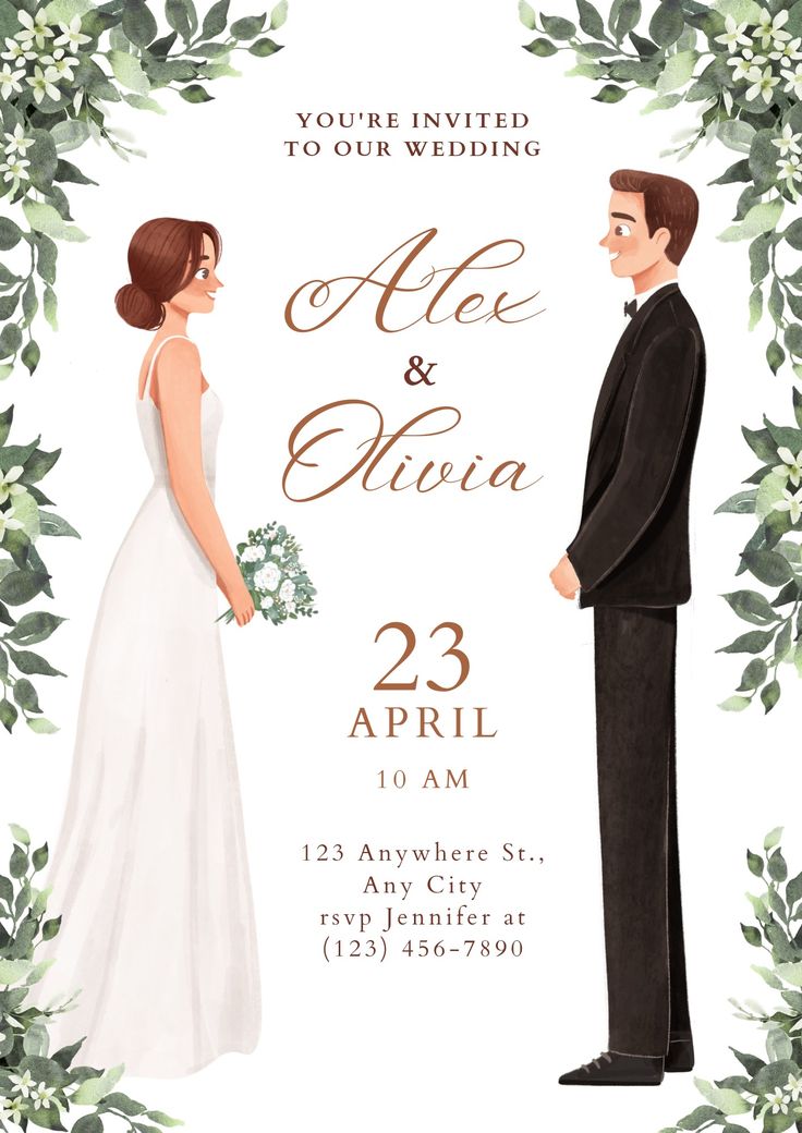 a wedding card with an illustration of a bride and groom standing next to each other