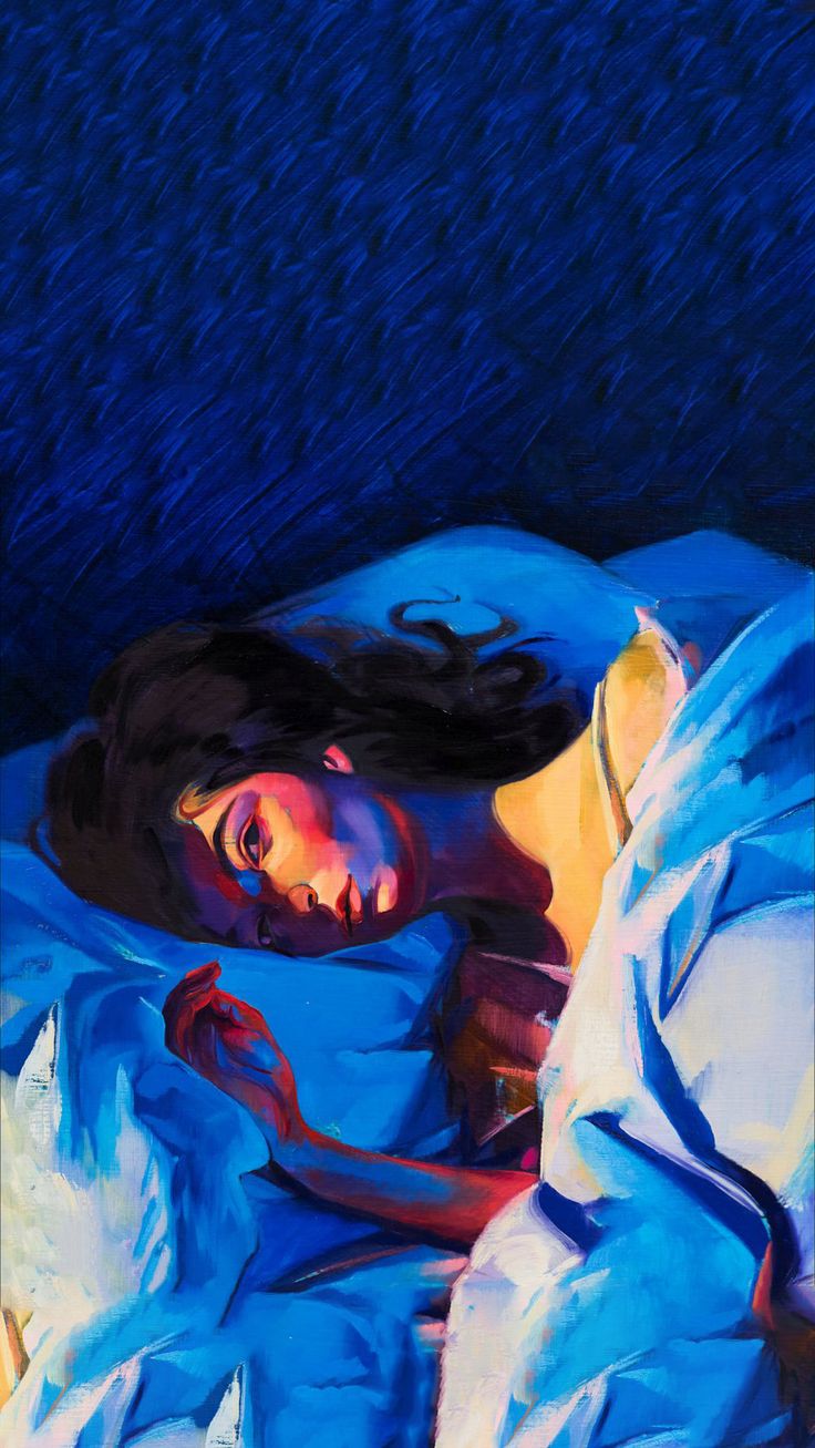 a painting of a woman laying in bed with her head on the pillow and eyes closed