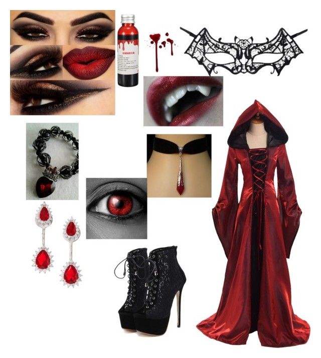 a collage of photos with red and black makeup, gothic accessories, and jewelry