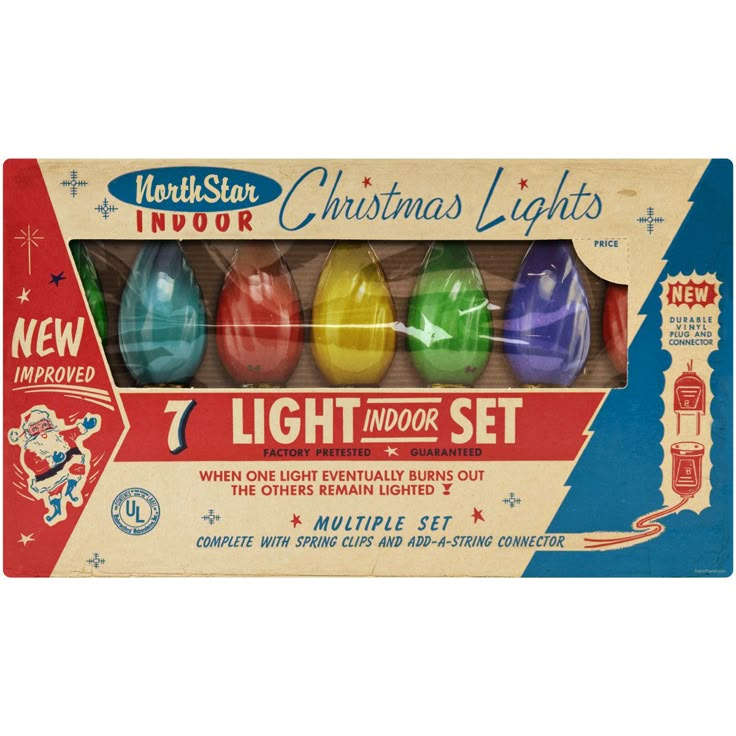 an old fashioned christmas light set in a cardboard box with four different colored lights inside