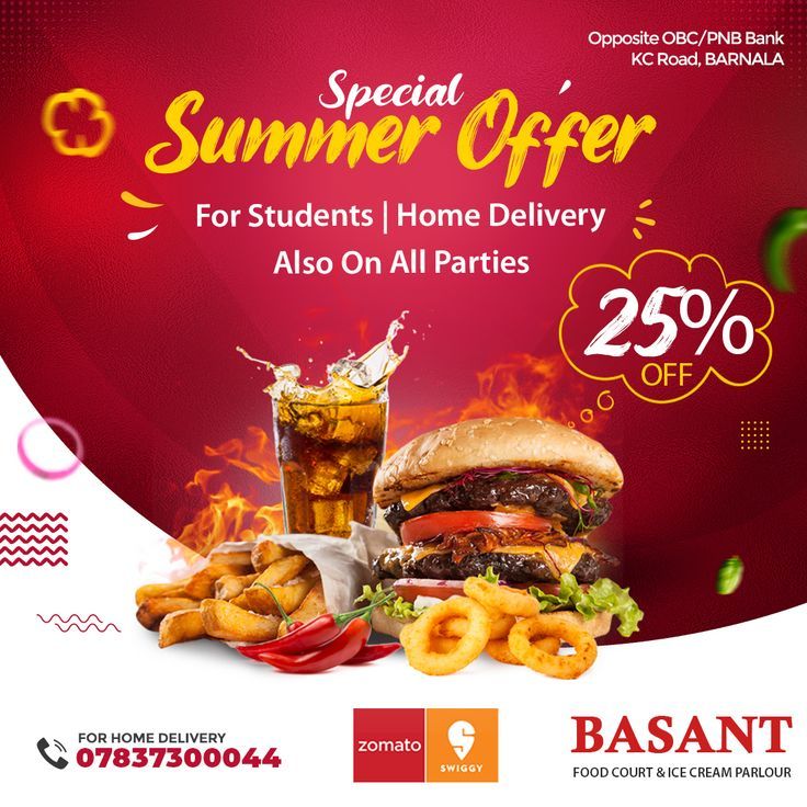 an advertisement for a special summer offer with burgers and onion rings on the side