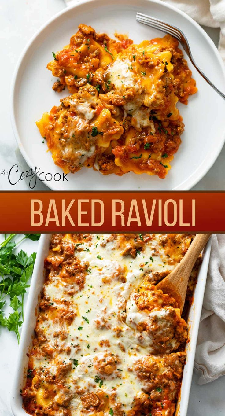 baked ravioli in a casserole dish on a white plate with a wooden spoon