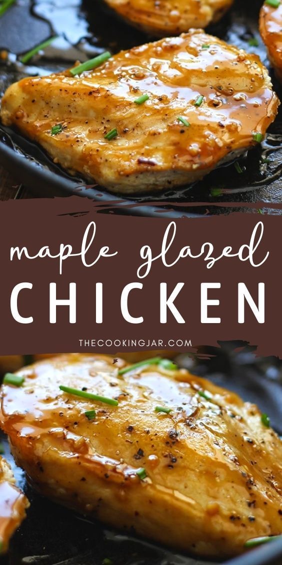 grilled chicken in a skillet with the title text overlay reads maple glazed chicken