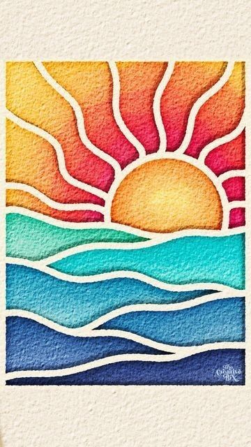 a watercolor painting of the sun and ocean waves