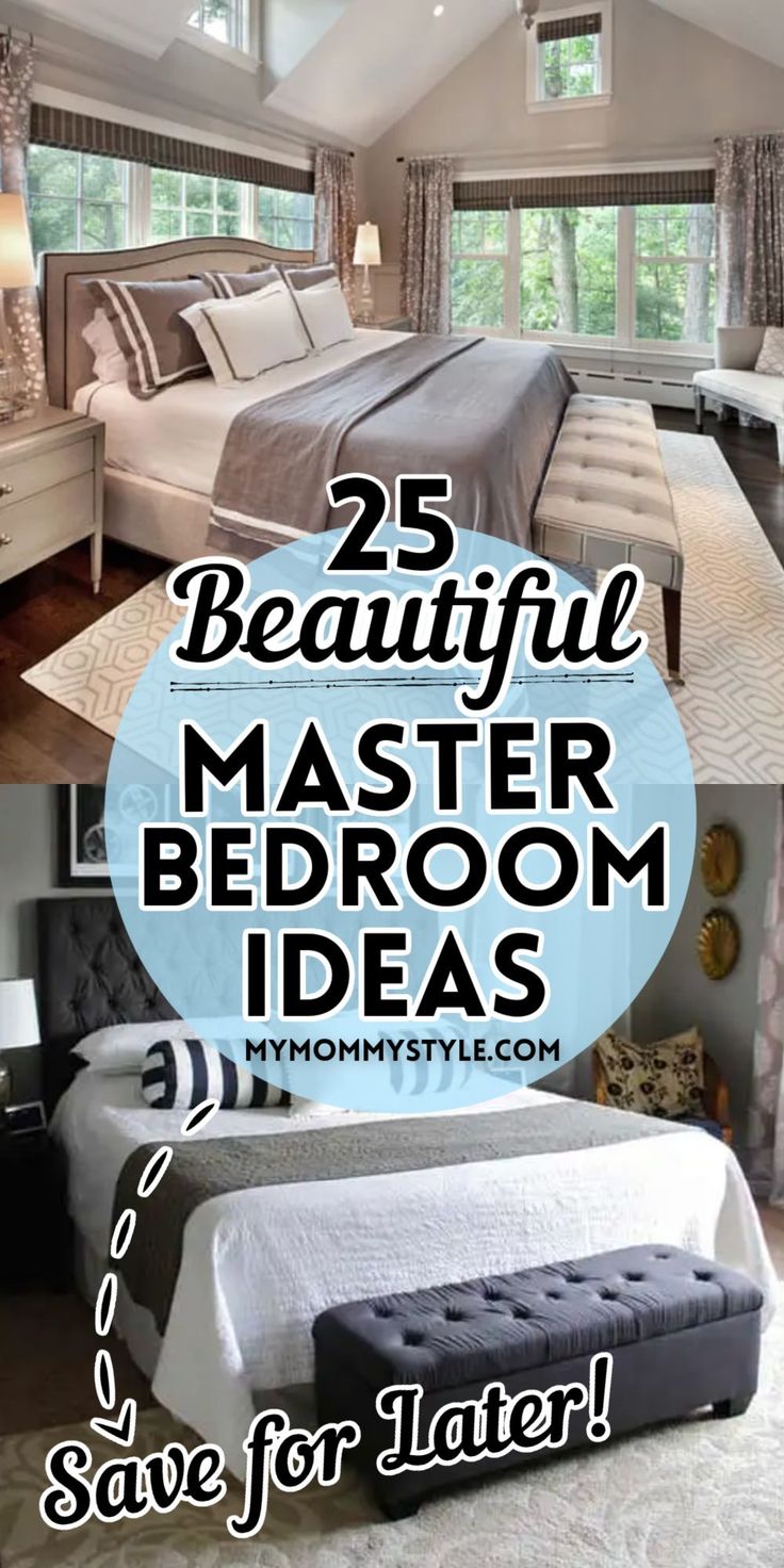 25 beautiful master bedroom ideas; one gray master bedroom on the top and one blue gray idea on the bottom Bedroom Ideas Farmhouse, Bedroom Inspirations Master, Beautiful Bedrooms Master, Bedroom Trends, Master Room, Couple Bedroom, Mommy Style, Bedroom Layouts, Master Bedding