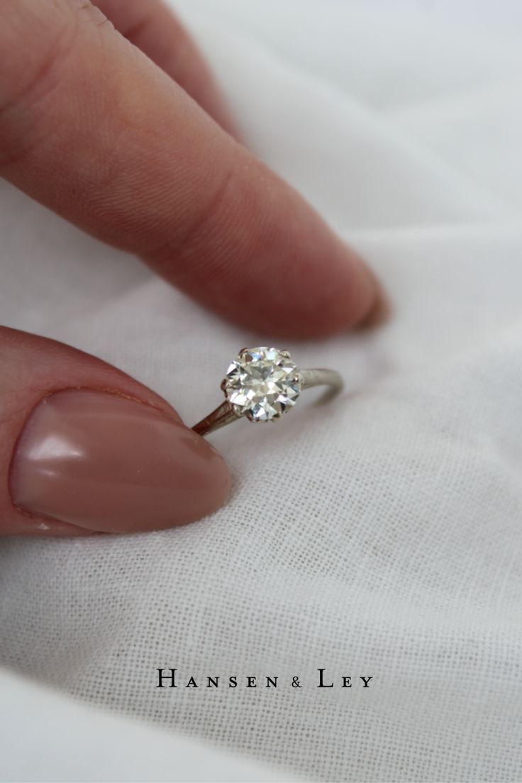 14 Karat White Gold 
Transitional Diamond of approx. 0.97 Carats, K, VS 
Measurements: 6.3 x 6.8mm, band width 1.3mm (approximate) 
Size 6
Circa 1930s - Late Art Deco, Early Retro
Condition  -  Excellent Old European Cut Engagement Ring, European Cut Engagement Ring, Jewelry Display Box, Engagement Ring Art Deco, Antique Ring, Art Deco Engagement, Precious Jewels, Ring Art Deco, Deco Ring