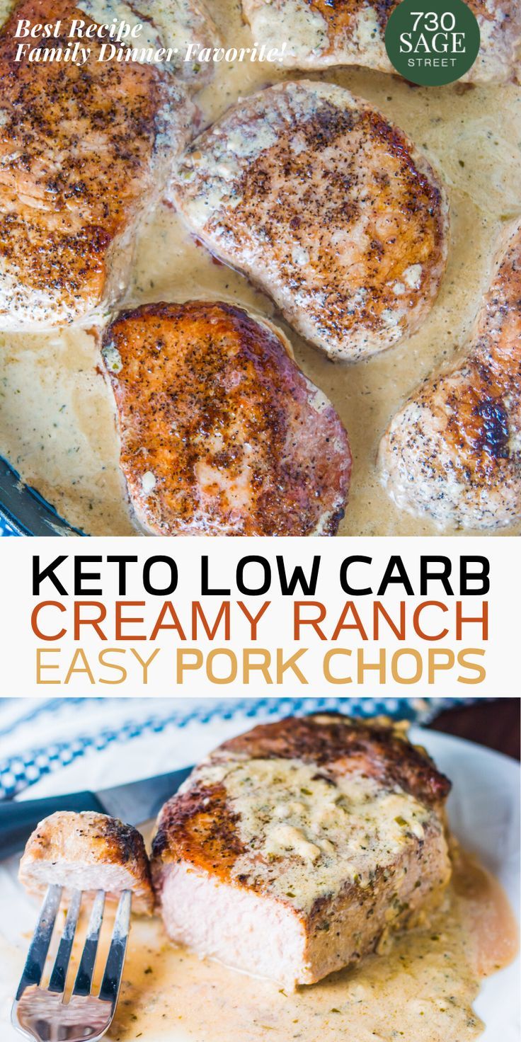 keto low carb creamy ranch easy pork chops on a plate with a fork