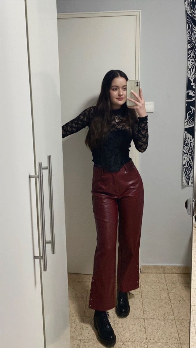 Red Wine Aesthetic Outfit, Red Wine Pants Outfit, Wine Red Pants Outfit, Wine Leather Pants Outfit, Maroon 5 Concert Outfit Ideas, Wine Red Outfit Ideas, Maroon Leather Pants Outfit, Black And Maroon Outfit, Wine Colored Outfits