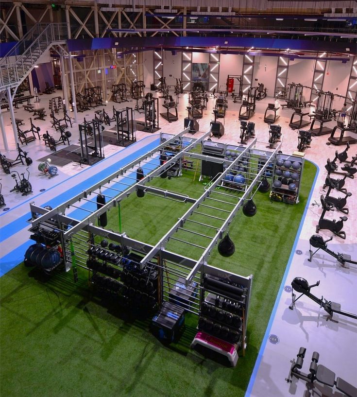 an overhead view of a gym with rows of exercise equipment on the floor and green grass