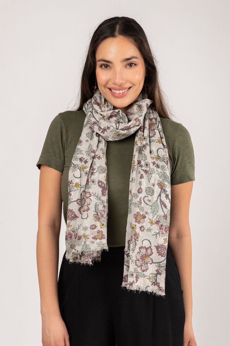 This Jacobean scarf is the perfect way to keep your neck warm in the cooler months or to add a bit of pizzazz to your outfit in the summer. Crafted from 100% cotton, the light and airy design features a distinctive Suzani print, perfect for taking any look to the next level. Machine wash cold 100 % Cotton Made in India Casual Multicolor Shawl For Spring, Casual Beige Shawl For Spring, Trendy Cotton Scarves For Summer, Casual Cotton Scarves For Winter, Trendy Cotton Scarf For Summer, Casual Multicolor Summer Shawl, Bohemian Cotton Shawl For Spring, Trendy Summer Cotton Scarves, Casual Spring Scarves