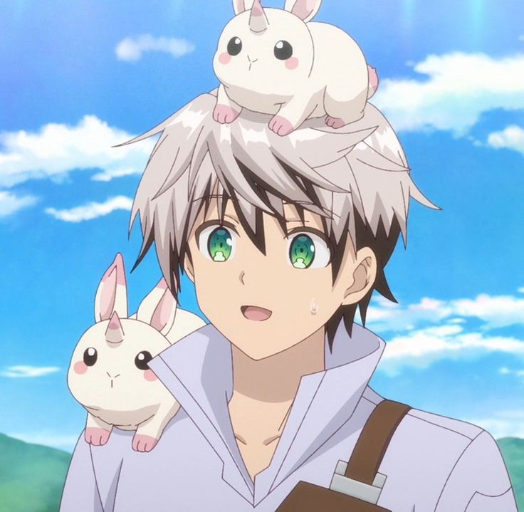 an anime character holding a cat on top of his head in front of the sky