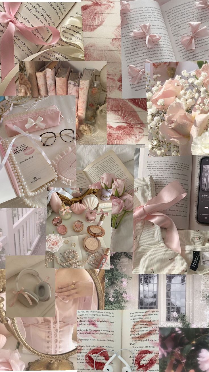 a collage of pink and white items including an open book, cell phone, flowers, pearls, laces