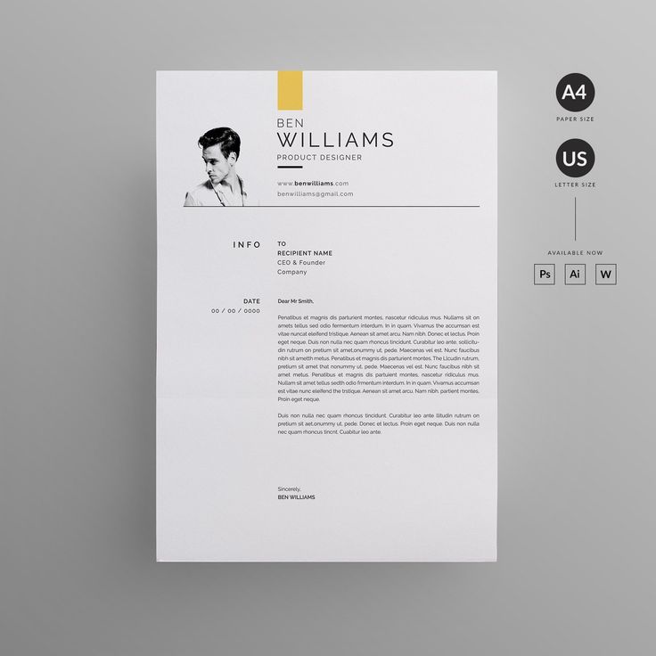 a clean and modern resume template with yellow accents on the cover letterhead is shown