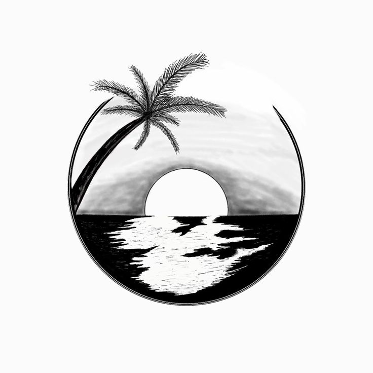 a black and white drawing of a palm tree on the beach in front of an ocean