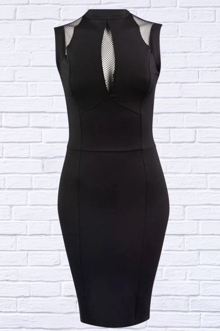 Looking for a little black cocktail dress that's sure to turn heads? Our Black Body Con Dress is just the ticket. This beautiful body-hugging dress features a sleeveless silhouette, high neckline, and flattering fitted panels. But what really makes this dress stand out is the wide mesh fabric inserts on the shoulders and in the front cleavage area. This adds a touch of elegance and sexiness that is sure to get you noticed. Whether you're heading out for a night on the town or attending a special event, our Black Body Con Dress is sure to make you look and feel your best. So don't wait any longer, order your Black Body Con Dress today! We only have one size small available Fabric 63% Rayon, 32% Nylon, 74% Spandex Washing Instruction Machine was Cold, gentle Cycle, Do not Bleach, Reshape lay Elegant High Neck Sleeveless Bodycon Dress, High Neck Bodycon Sleeveless Evening Dress, Elegant Stretch Sleeveless Dress For Night Out, Fitted High Neck Sleeveless Dress For Date Night, Elegant Sleeveless Stretch Dress For Night Out, Elegant High Neck Sleeveless Dress For Night Out, Stretch High Neck Bodycon Dress For Cocktail, Elegant High Neck Bodycon Dress For Club, Cocktail Black Dress