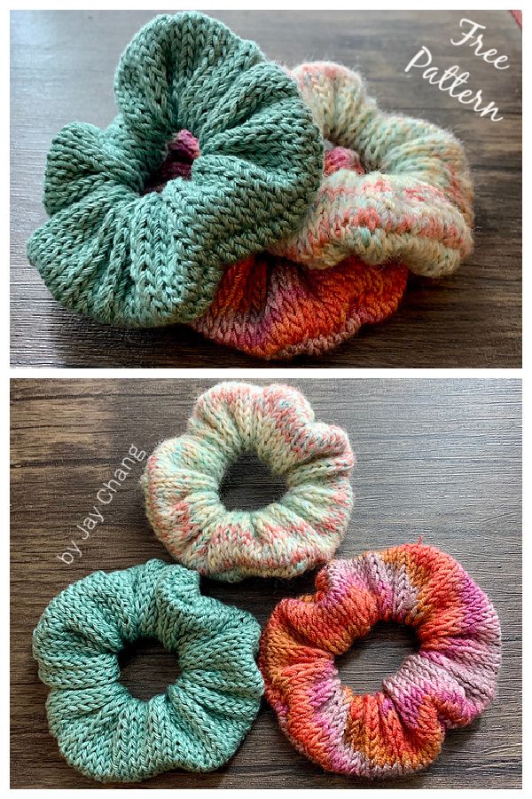 crocheted scrunffles made with yarn are shown in three different colors