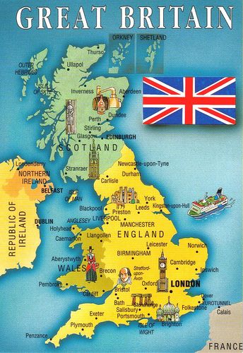 a map of the united kingdom with all its major cities and their flags on it