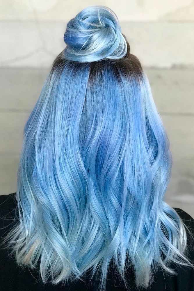 Colors To Die Your Hair, Periwinkle Blue Hair, Ice Blue Hair, Egirl Hair, Blond Rose, Pastel Blue Hair, Medium Hair Color, Top Knots, Cute Hair Colors