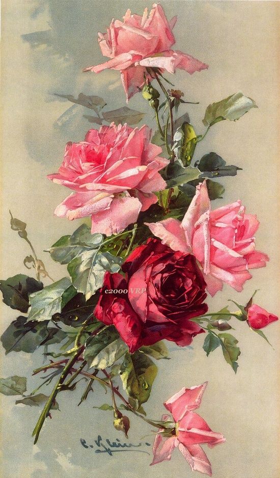 a painting of pink roses with green leaves