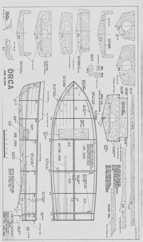 a blueprinted drawing of a boat with plans for the hulls and sides