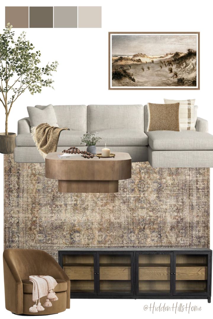 Modern transitional living room mood board featuring a cream sectional sofa paired with warm beige and brown tones! This living room also has a vintage inspired feel while still being upscale and inviting Room Decor Mood Board, Halloween Home Decor Indoor, Decor Mood Board, Organic Modern Living Room, Organic Living Room, Tv Unit Design Modern, Earthy Living Room, Grey Couch Living Room, Hm Home