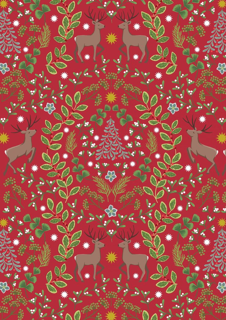 a red background with reindeers and christmas trees