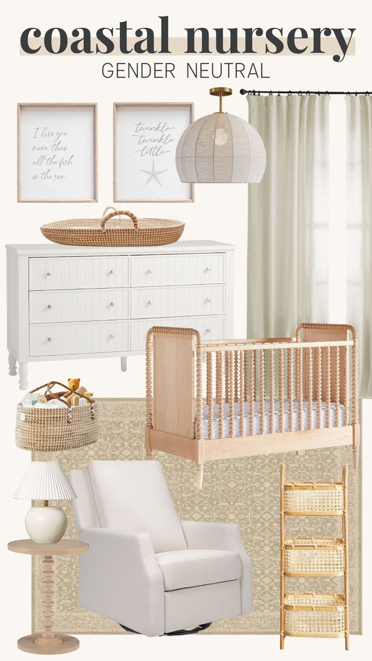 a baby's nursery room with white furniture and neutral decor, including a crib