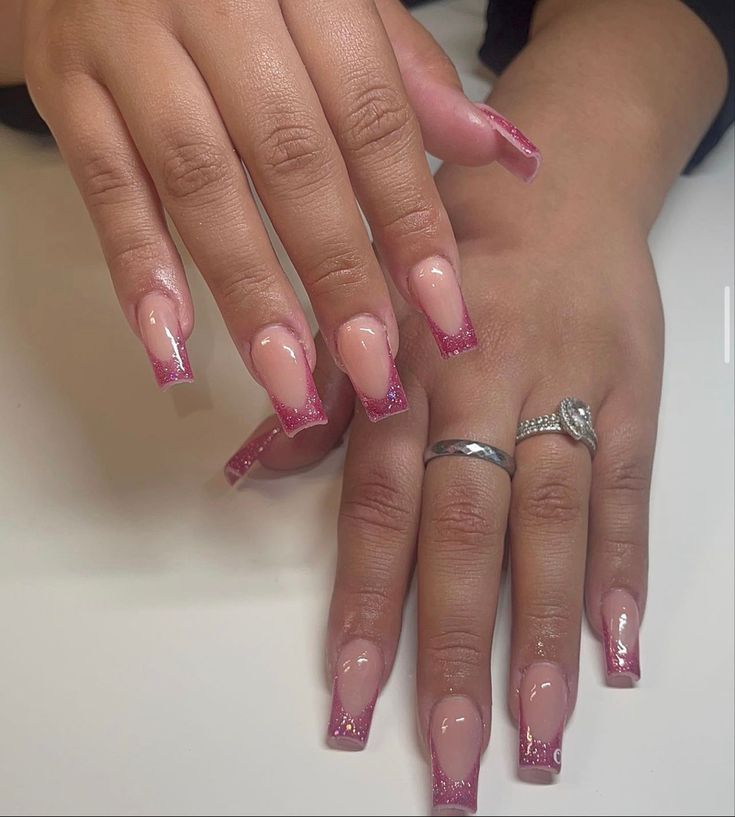 Sparkle Pink Tip Nails, Short Nail Designs Pink French, Sparkly Pink French Tip Acrylic Nails, Pink Sparkle Nails Square, Cute Pink Hoco Nails, Pink Sparkle French Tip Nails Almond, Short French Tip Acrylic Nails Design Pink Glitter, Hot Pink Glitter French Tip Nails, Pink French With Glitter