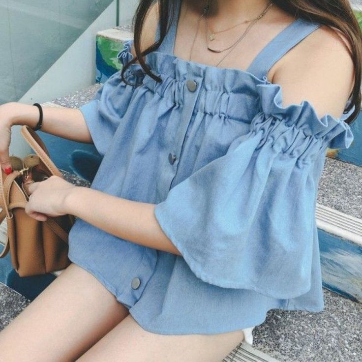 Cold Shoulder Short-Sleeve Top Pit To Pit 17" Length 20" Size Small Denim Blouse, Elbow Sleeve, Chambray Shirt, Casual Blouse, Ladies Fashion, Short Sleeve Blouse, Fashion Tops, Cute Tops, Stylish Dresses