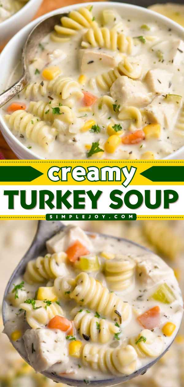 This Turkey Soup Recipe is the perfect way to use up your leftover turkey. Made with simple ingredients, this creamy soup is so comforting and delicious. Creamy Turkey Vegetable Soup, Turkey Hamburger Soup, How To Make Turkey Soup From Bones, Turkey Cream Soup, Cream Turkey Soup, Cream Of Turkey Soup Recipe Simple, Cream Of Turkey Soup Recipe Thanksgiving Leftovers, Leftover Turkey Noodle Soup Crockpot, Turkey Broth Recipes Dinners